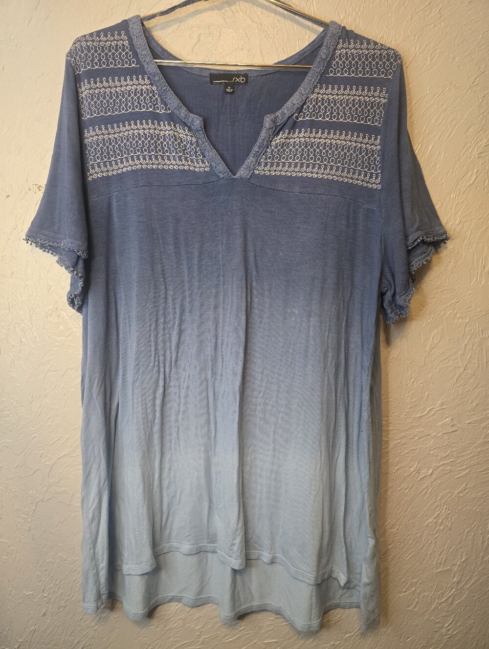 RXB Blue Embroidered Boho Tunic Top XL Ombre Short Sleeve Peasant Blouse
